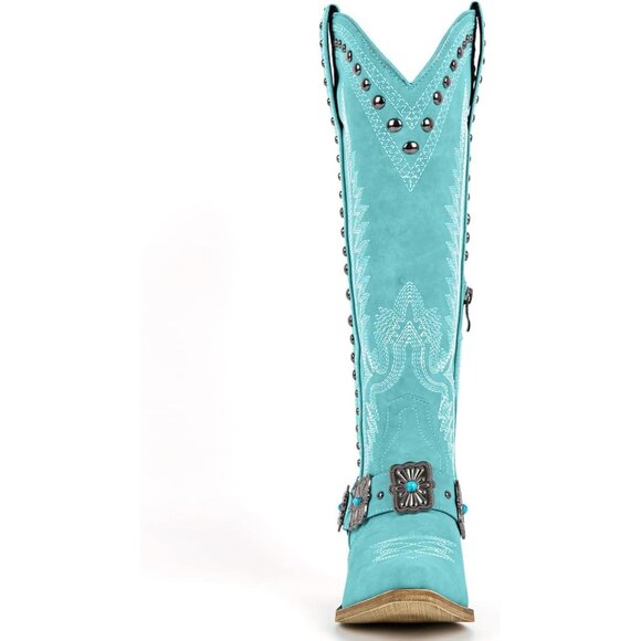Women's Blue Knee High Western Cowgirl Boots with Embroidery Belt Buckle - Picture 3 of 3